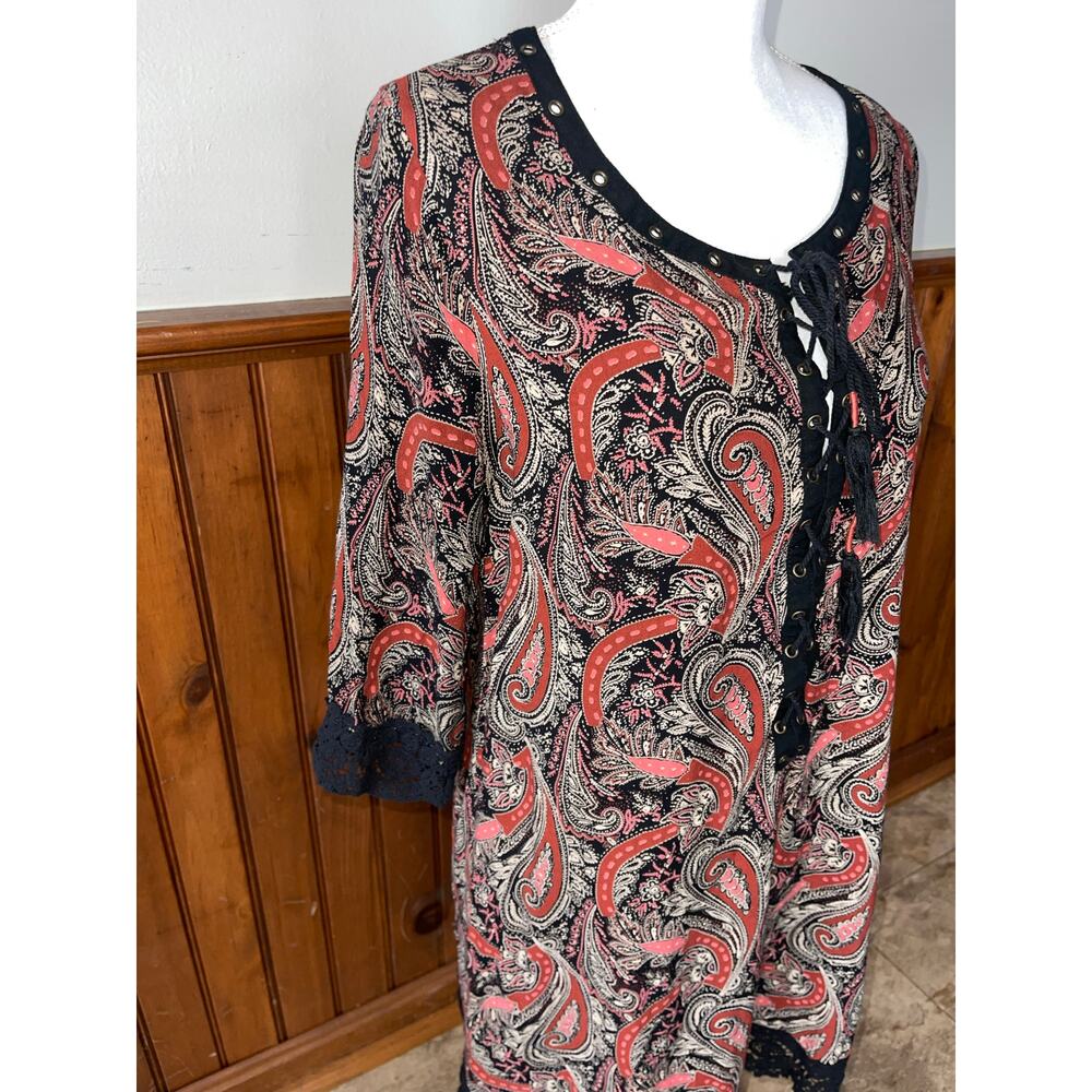 Womens Miss Me Red Black Paisley Cotton Lace Tassel Casual Dress Size Large - Picture 3 of 9